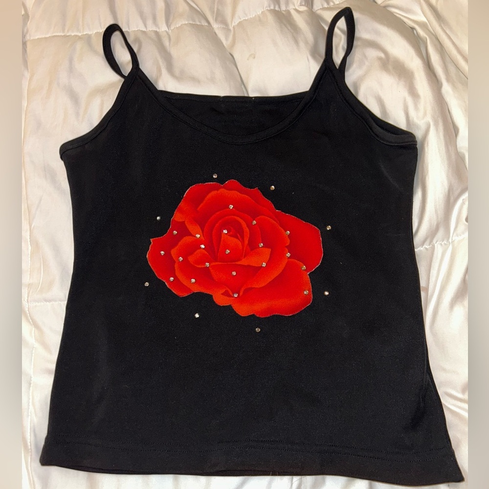 Vintage 80s Black Top with Red Rose Design and Sparkles Women’s Small